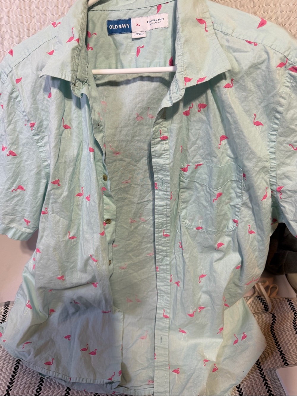 Old Navy Mint Green Short-Sleeve Button-Up Shirt with Pink Flamingo Print